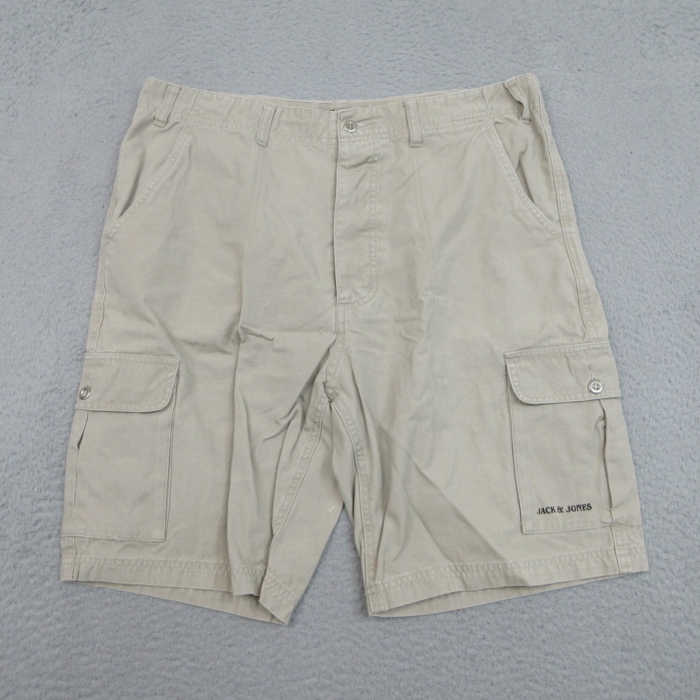Jack & Jones Y2K Cargo Shorts Mens 37 Beige Cotton Flat Front Utility Pockets